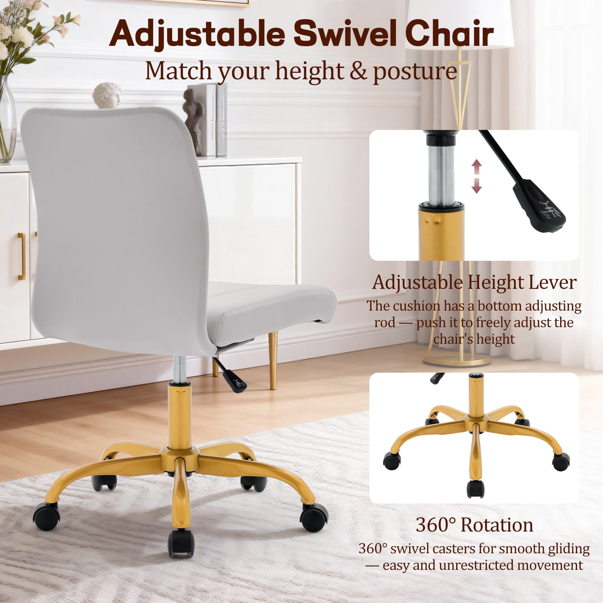 Korser Armless Home Office Desk Chair with Back Modern Vanity Chair with Adjustable Height,360° Swivel Task Chair,Velvet,Grey