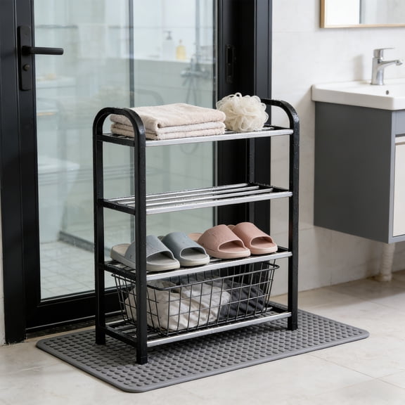 QTBIUQ 4 Layer Stainless Steel Shoe Rack, Shoe Rack Storage Organizer with 4 Tiers Metal Shelves for Entry Room Black