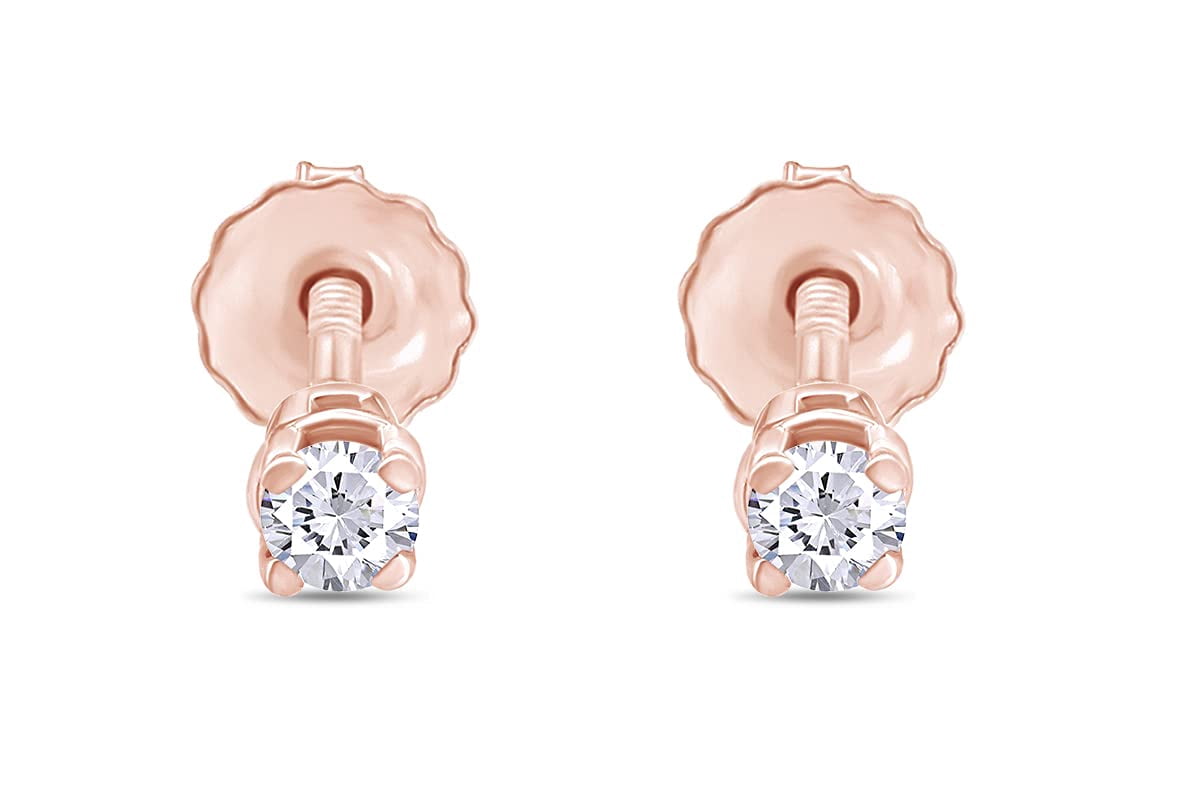 0.06 Carat (Cttw) Round Cut White Natural Diamond Accents 4-Prong Screw Back Solitaire Stud Earrings In 14k Rose Gold Over Sterling Silver Jewelry For Women