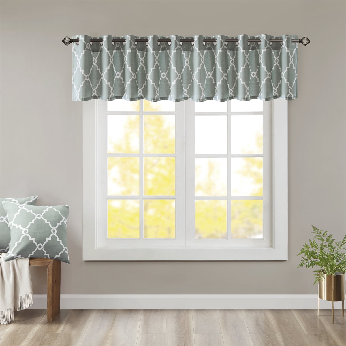 MAYEERTY 50x18" Fretwork Print Grommet Top Valance Seafoam/White