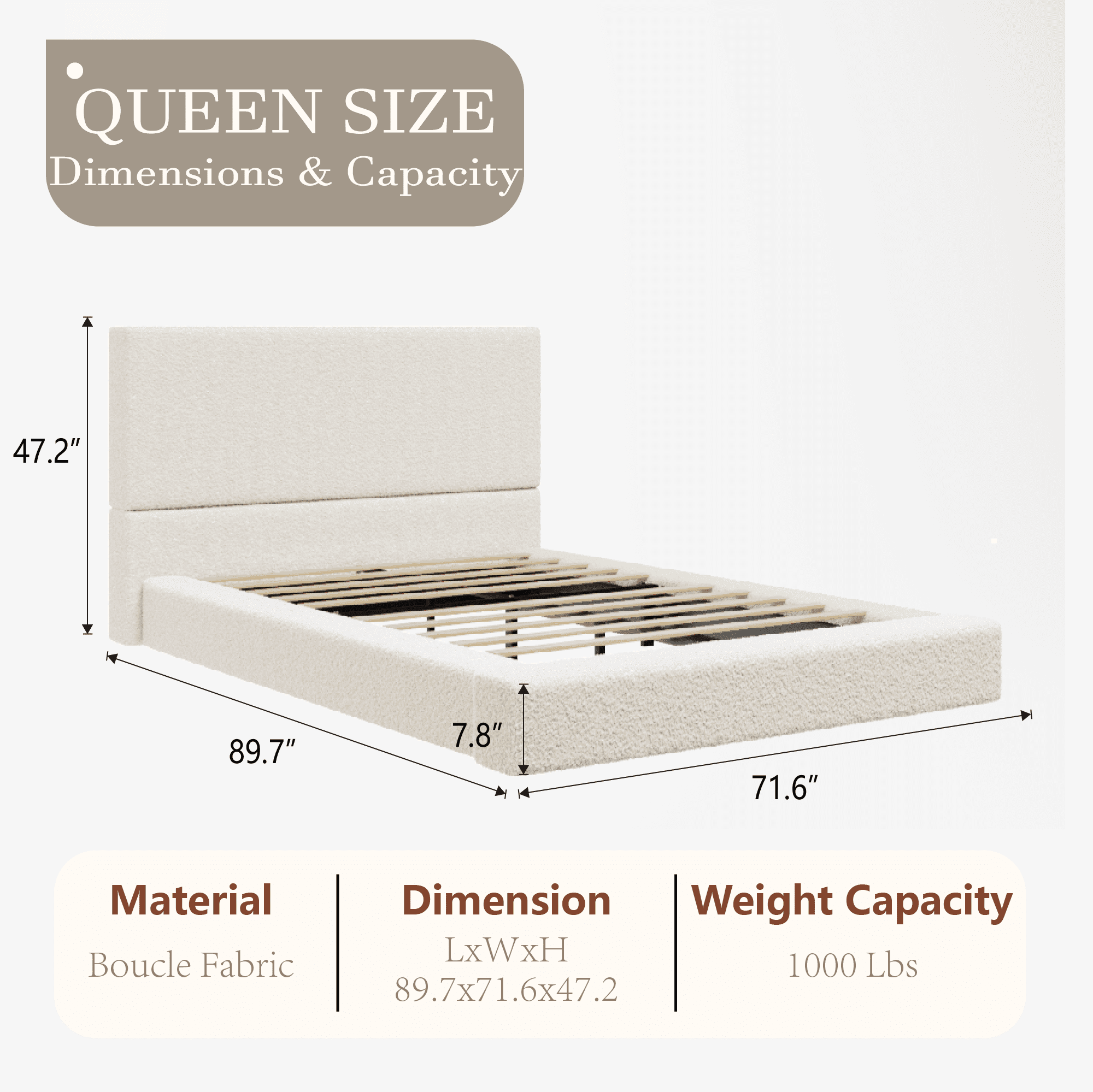 VIPLOV QUEEN Size Boucle Bed Frame，Upholstered Floor Platform Bed with Headboard，Soft Cloud Bed with Thickened Wide Bedside，Easy Assembly, Cream