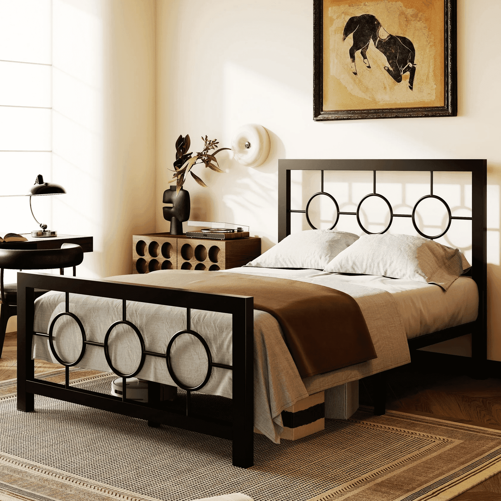 Amolife Twin Size Bed Frame, Heavy Duty Metal Platform Bed with Vintage Circular Headboard & Footboard, Black