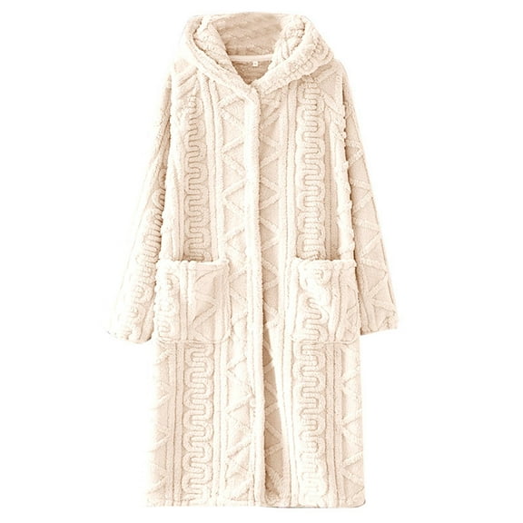 SCSAlgin Women's Flannel Nightgown Winter Plush Thicken Bathrobe Button Front Robe Hood Casual Loungewear with Pockets
