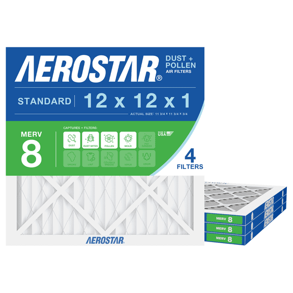 Aerostar 12x12x1 MERV 8 Air Filter, Pleated AC Furnace HVAC, Dust Pollen Pet Dander, 4 Pack