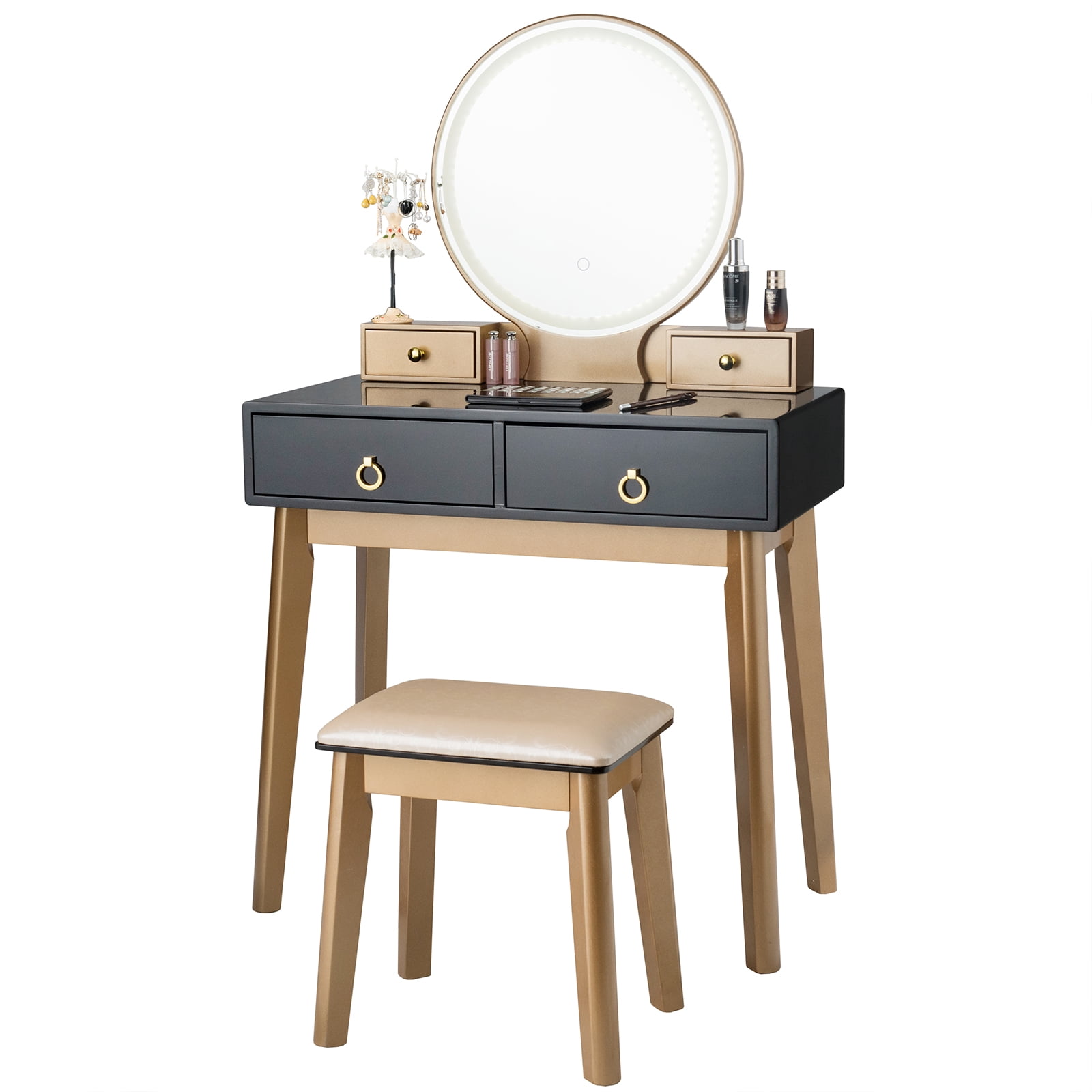 Coiffeuse Avec Miroir Et éclairage LED - 3 Modes Lumière - 9 Tiroirs + 4 étagères - Prise Et USB - Inclut Tabouret - Blanc