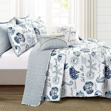 7 Piece Set, Full/ Queen, Indigo - Striped Nautical Quilt - Sea Life Print - Coastal Bedding Set With Throw Pillows - Beach Decor For Bedroom