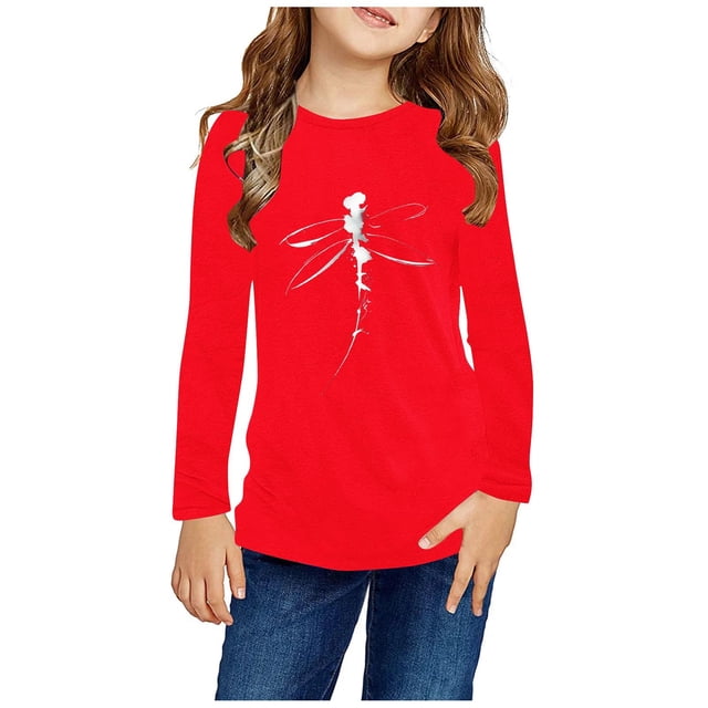 RXIRUCGD Chemises à Manches Longues pour Filles Imprimés Mignons Col Rond Hauts Blouses Décontractées Élégantes Vêtements (Rouge, Taille:9 Ans)
