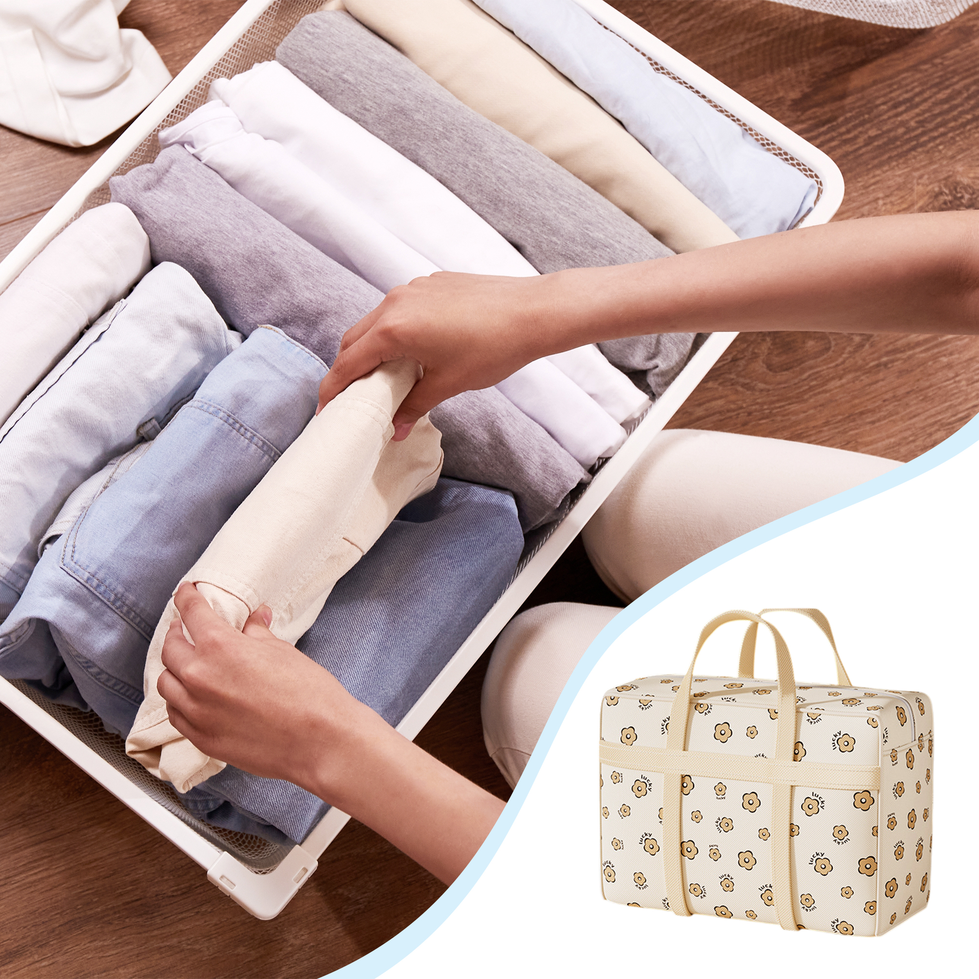 Unique Bargains Durable Dog Pattern Storage Bag Storage Bins 1 Pc Beige Flower Giant