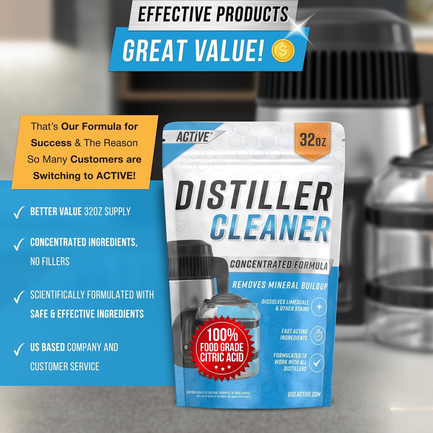 Active Citric Acid Powder for Water Distillers, Descaler and Cleaner for Machines and Kettles, 2 lb, Clear, 1 Pack
