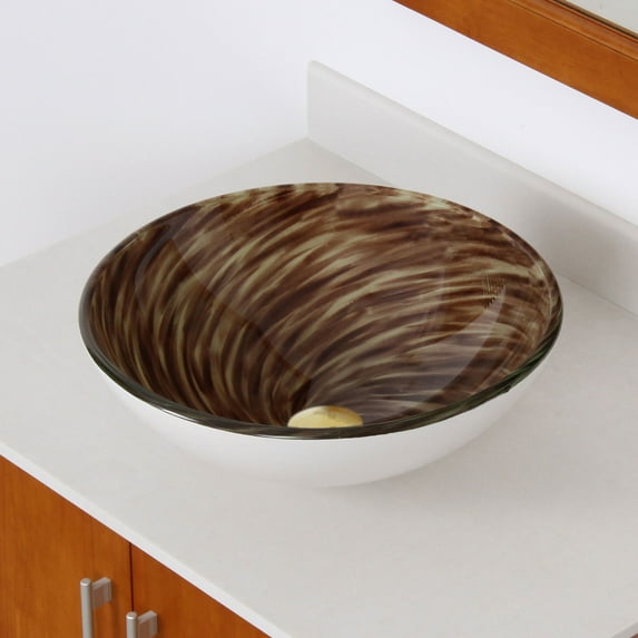 Elite Hand Painted Stirring Coffee Mix Pattern Tempered Glass Bathroom Vessel Sink with Gold Pop-up Drain and Mounting Ring - 1401+P01008G