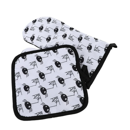 

2pcs Halloween Oven Glove Table Mat Heat Insulation Glove for Kitchen (Black)