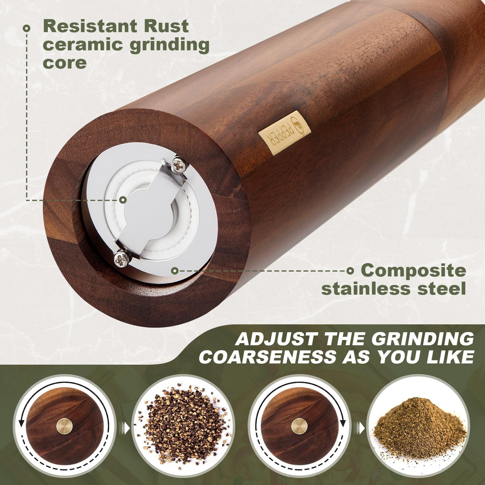 Wooden Salt and Pepper Grinder Set, 8 Inch Manual Salt and Pepper Mill with Tray Adjustable Coarseness Refillable Wood Grinders with Gold Bottle Label for Kitchen Home Gift