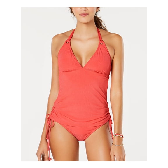 HULA HONEY Women's Coral Stretch Removable Cups Grommet-Tie Deep V Neck Ribbed Halter Tankini Swimsuit Top M