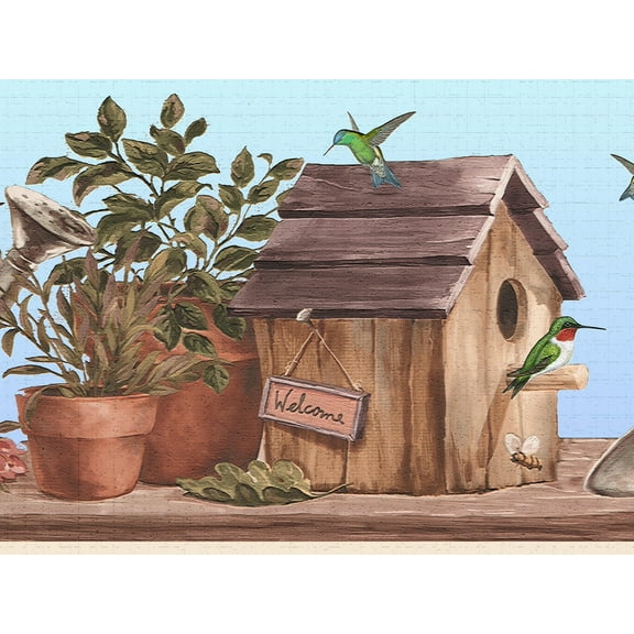 Dundee Deco's Peel and Stick Wallpaper Border - Nature Blue Silver Brown Birds and Garden pots Wall Border Retro Design, 15 ft x 7 in, Self Adhesive