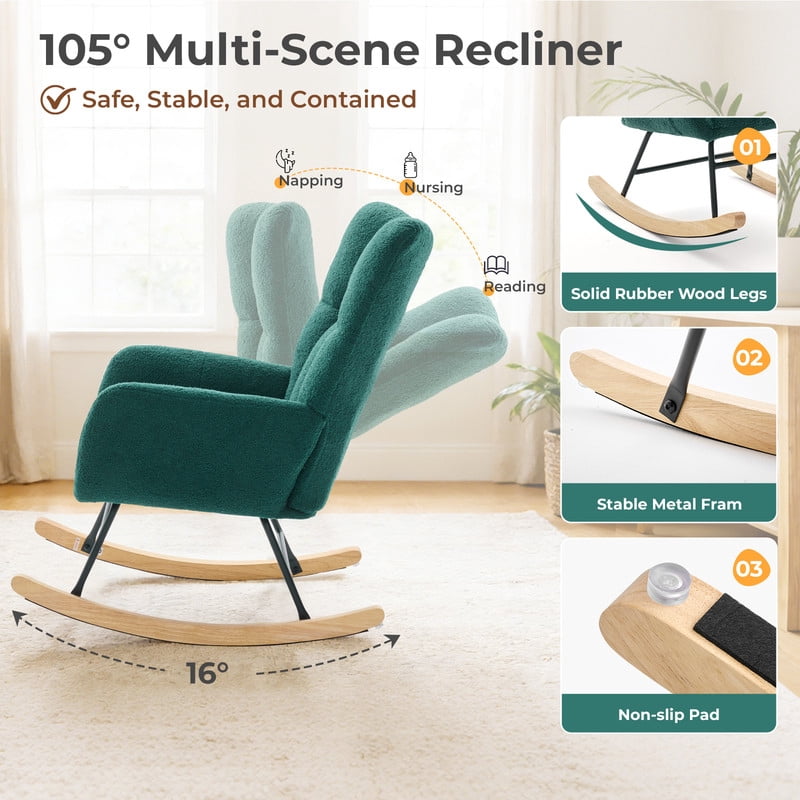 Gianna Rocking Chair with High Backrest, Teddy Upholstered Indoor Reading Glider Chair with Comfy Seat for Bedroom, Living Room, Green