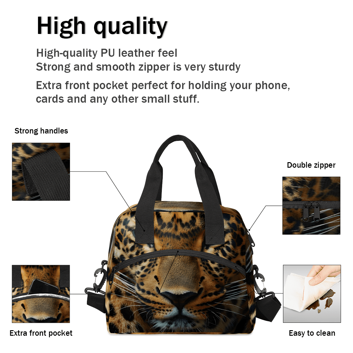 Herdesigns Leopard Insulated Lunch Bag for Women Men Adults Large Reusable Lunch Box Animal Print Leakproof Cooler Tote Bags with Adjustable Shoulder Strap