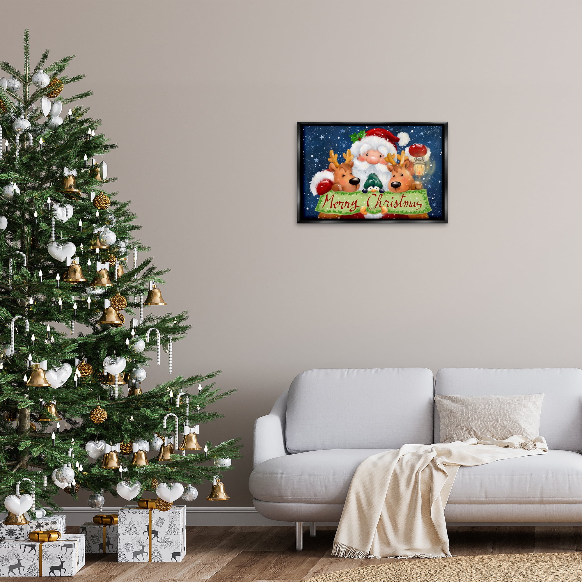 Stupell Industries Santa with Lantern Christmas Holiday Painting Black Floater Framed Canvas Art Prints Wall Art, 25 x 17