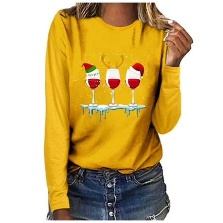 

Christmas Clearance Items LIDYCE Women Christmas Casual Long Sleeve O-neck Wine Sweatshirt Pullover Blouse Yellow XL