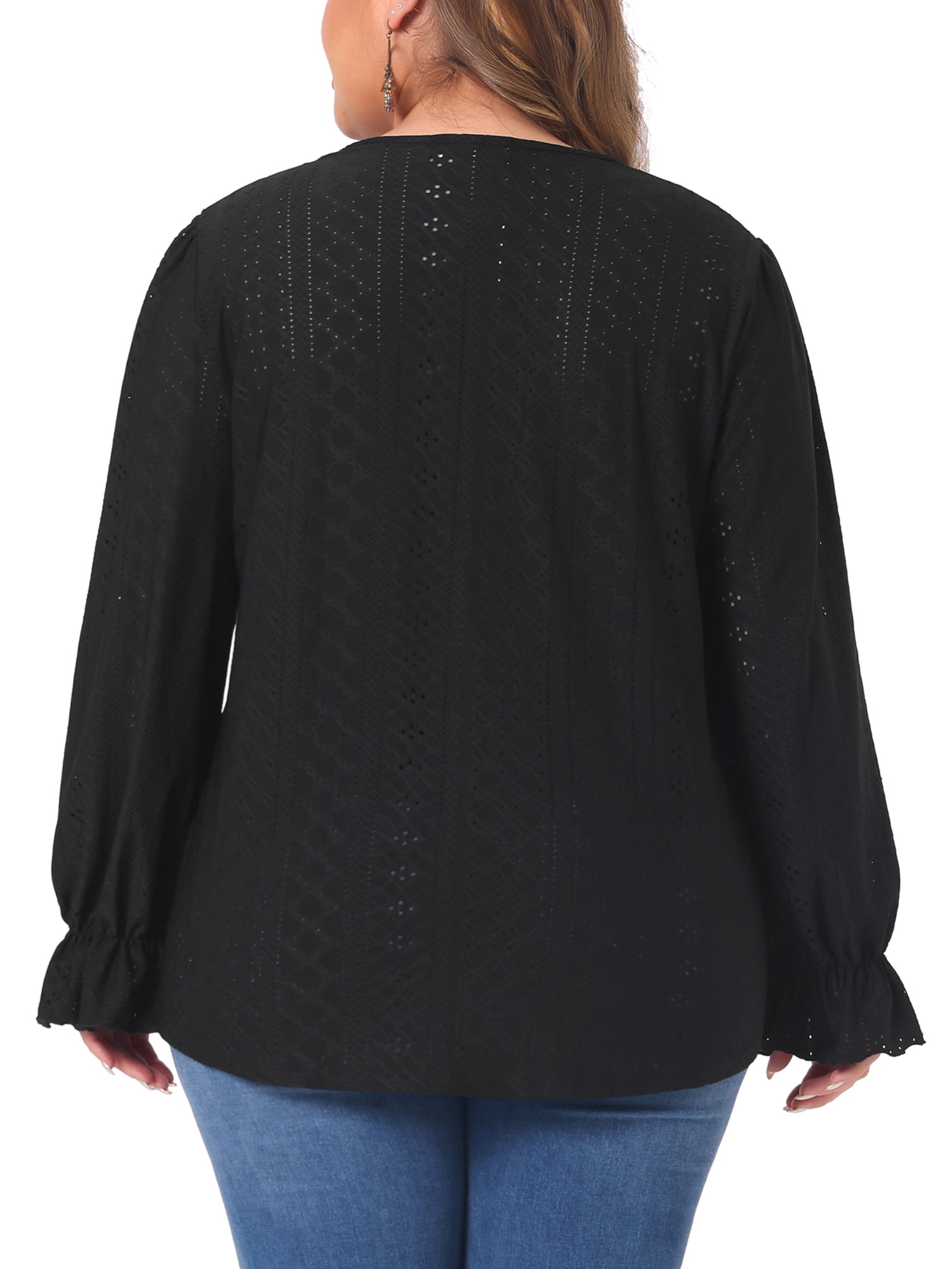 DARING DIVA Women's Plus V Neck Ruffle Long Sleeve Lace Crochet Casual Blouse 4X Black
