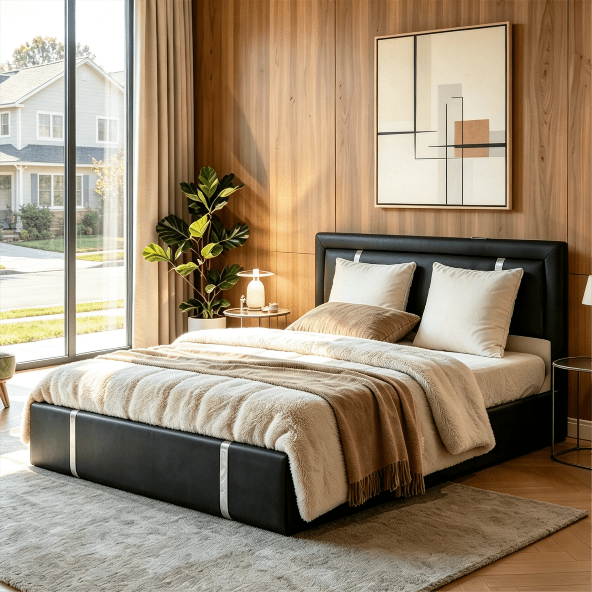 Gewnee Full Size Lift Up Storage Bed,Faux Leather Upholstered Platform Bed with Adjustable Headboard and Charging Ports,LED Bed Frame with Hydraulic Support.Black