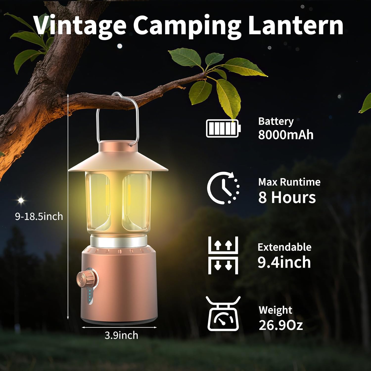 Telescopic Camping Lantern, 8000mAh Camping Lights Rechargeable with 3 Light Modes, Waterproof & Impact-Resistant Tent Lights, LED Lantern for Power Outages, Emergency, Hiking, Hurricane(Copper)