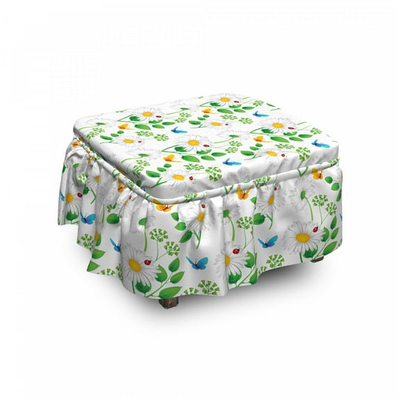 Ladybugs Ottoman Cover, Ladybugs on Chamomiles, 2 Piece Slipcover Set with Ruffle Skirt for Square Round Cube Footstool Decorative Home Accent, Standard Size, White Green, by Ambesonne