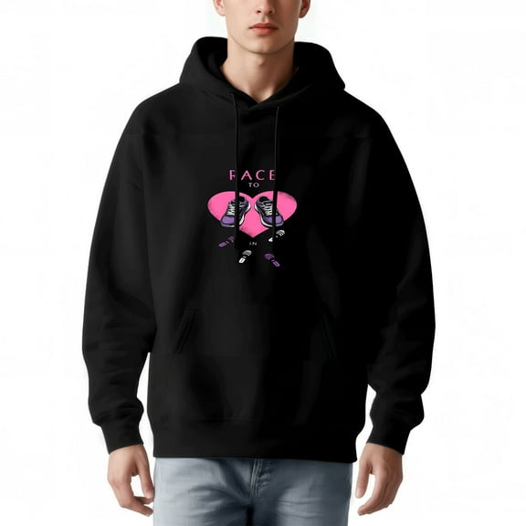 Men's Black Hoodie with Front Pocket Drawstrings Pink Heart Graphic & ' RACE TO ' Design - Long Sleeve Pullover Sweatshirt