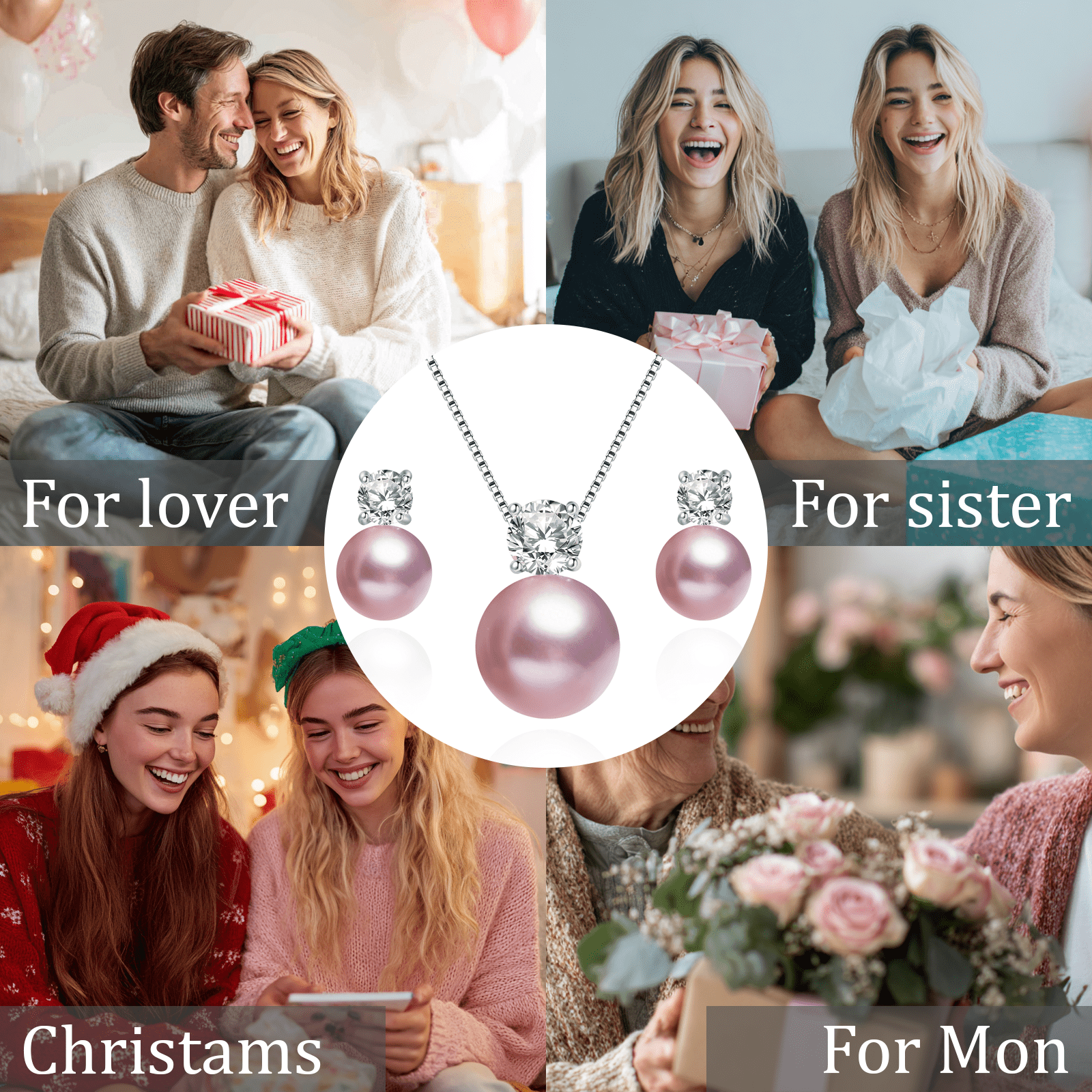 BAMIKI 8-10 mm Purple  Cultured Pearl Earrings and Necklace Set for Women, 925 Sterling Silver Jewelry, Hypoallergenic Gift