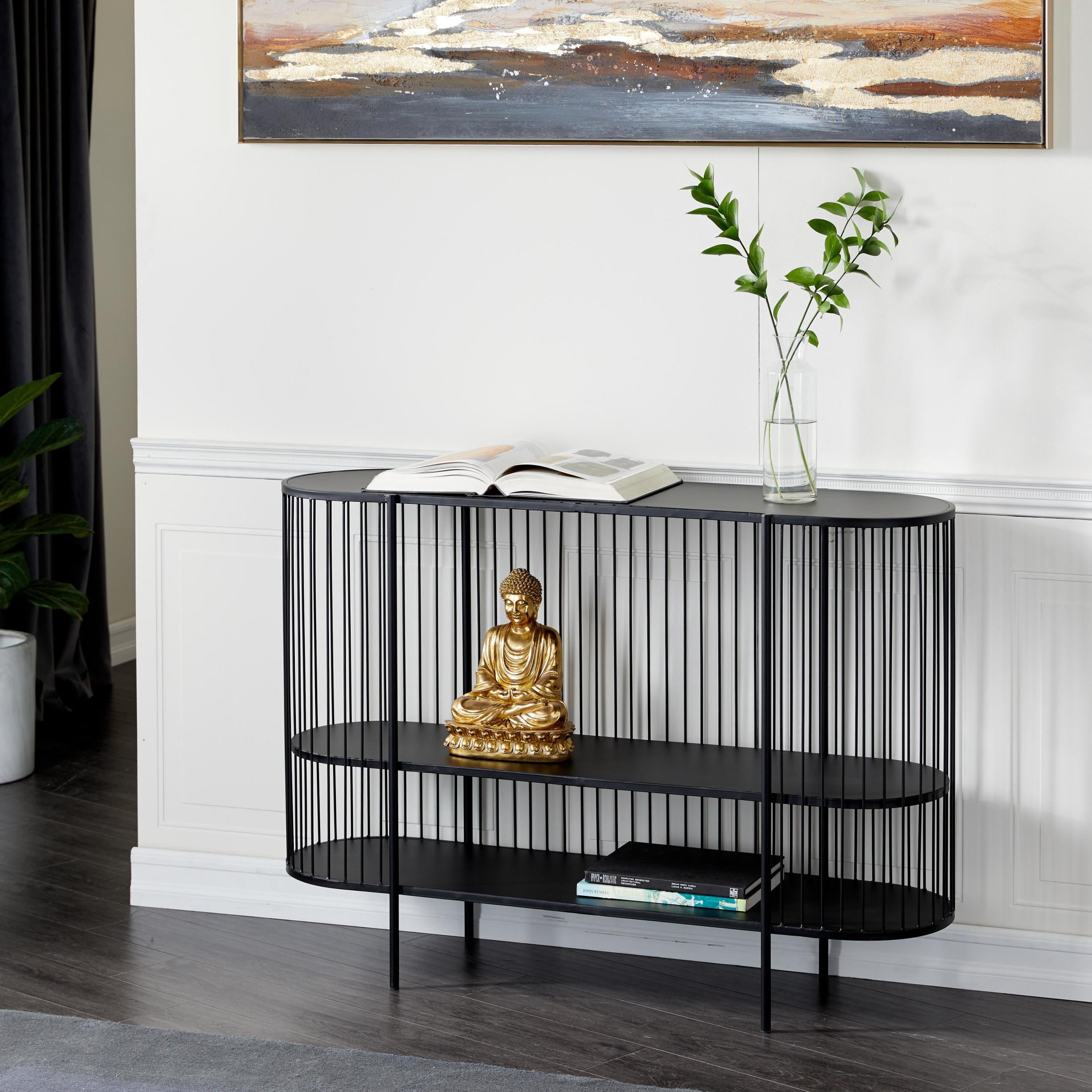 DecMode 48" x 34" Black Metal Narrow Oval 2 Shelf Console Table with Open Wire Frame, 1-Piece