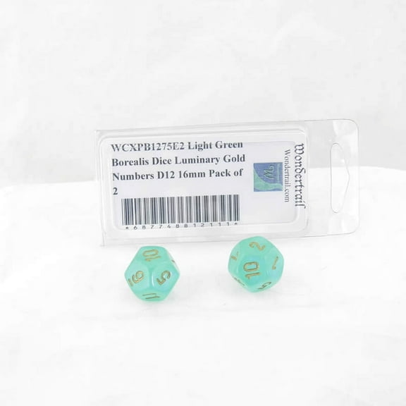 Light Green Borealis Dice Luminary with Gold Numbers D12 Aprox 16mm (5/8in) Pack of 2 Wondertrail
