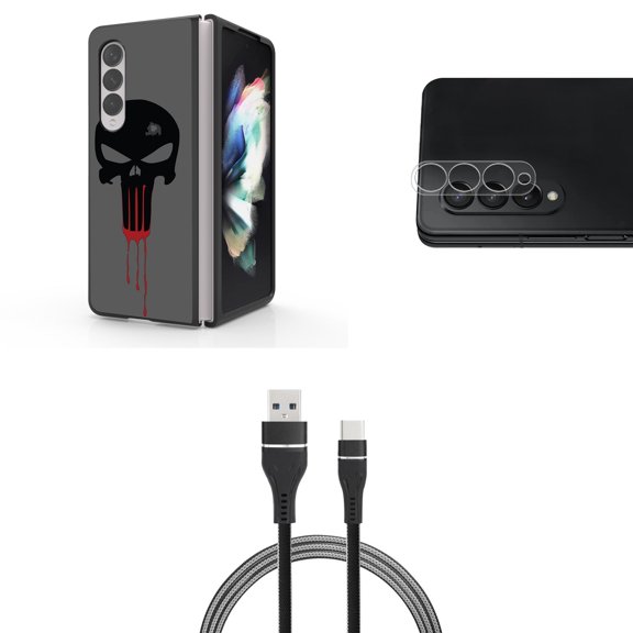 Accessory Bundle for Galaxy Z Fold 4: Slim Snap-On Case (Bloody Skull), Rear Camera Glass Protector, Nylon Braided USB-C to USB-A Cable (3 Feet)