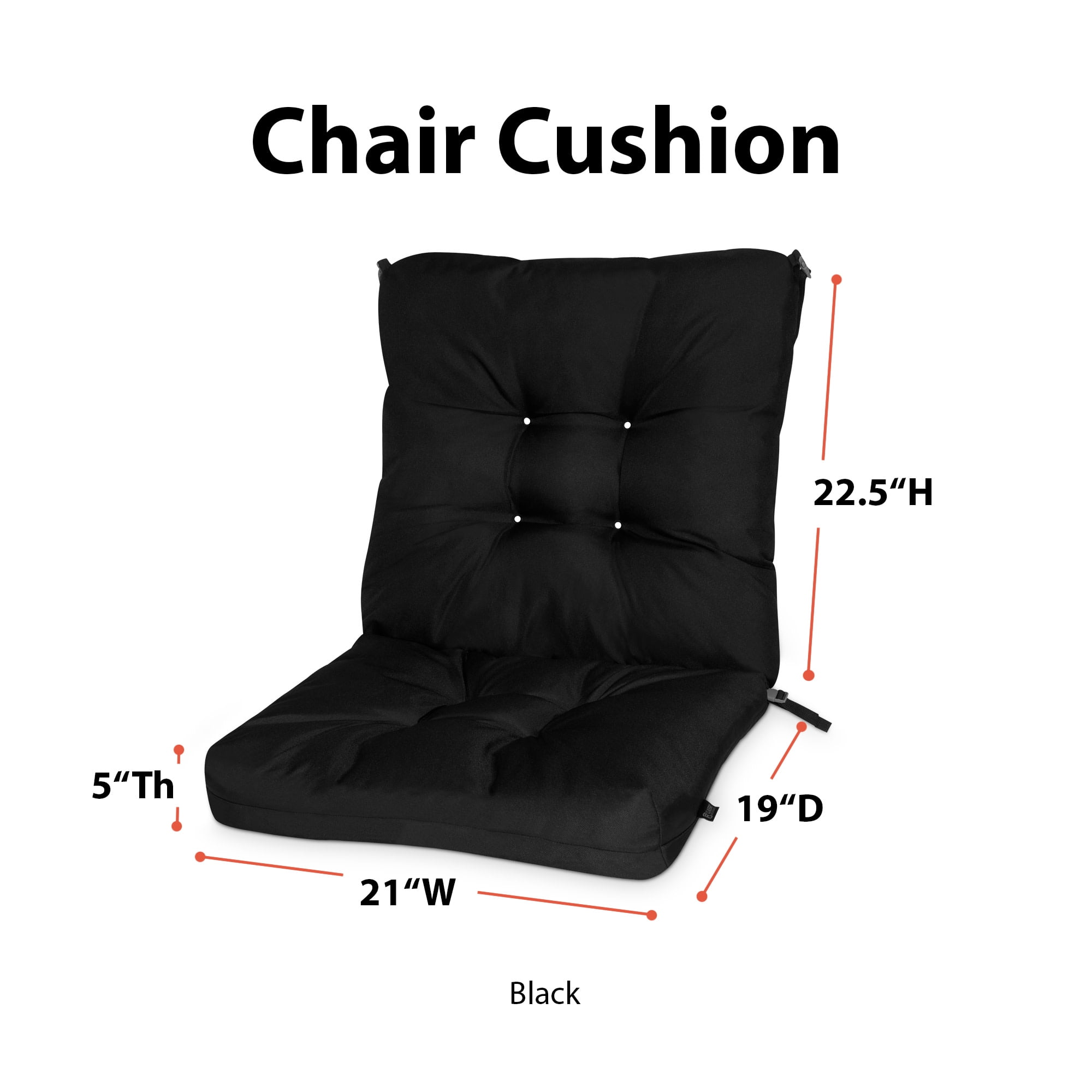Patio Chair Cushion, Black, Solid, 21”W x 19”D (seat) x 22.5”H (back)