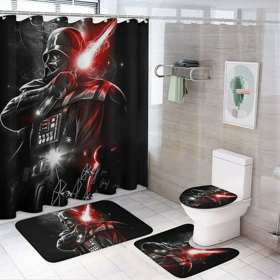 4 Pcs Shower Curtain Set Darth Vader Shower Curtain with 12 Hooks, Non-Slip Rugs,Toilet Lid Cover And Bath Mat for Bathroom Decor