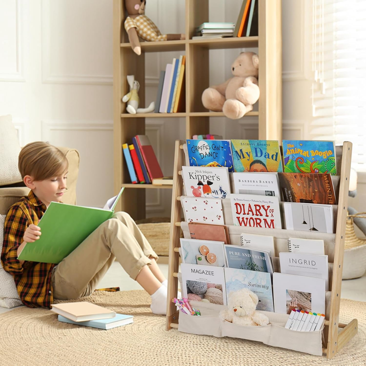 7 Tiers Wooden Kids Book Rack Storage Bookshelf Kids Canvas Sling Bookshelf Natural Beige for Kids Bedroom Playroom 29.5x11.8x31.5inch