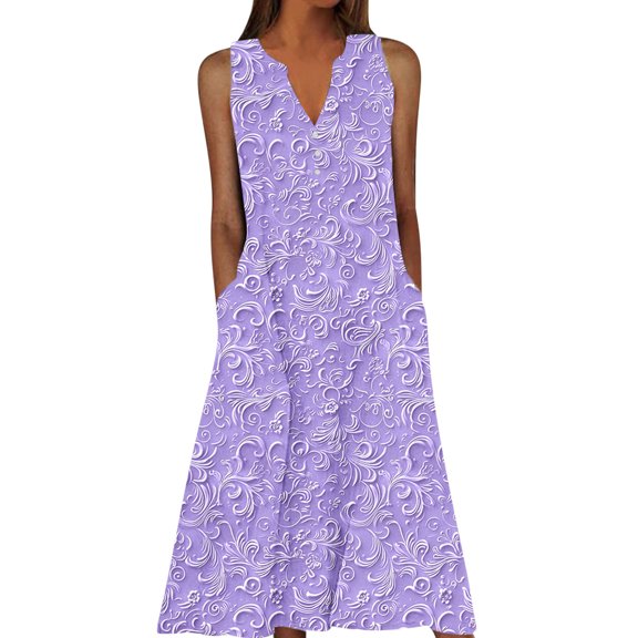 Tnhcen Women's Summer Sleeveless V - Neck Printed Dress with Pockets 4 - Way Stretch Plus Size Dress S - 5XL, Beach Vacation Dress