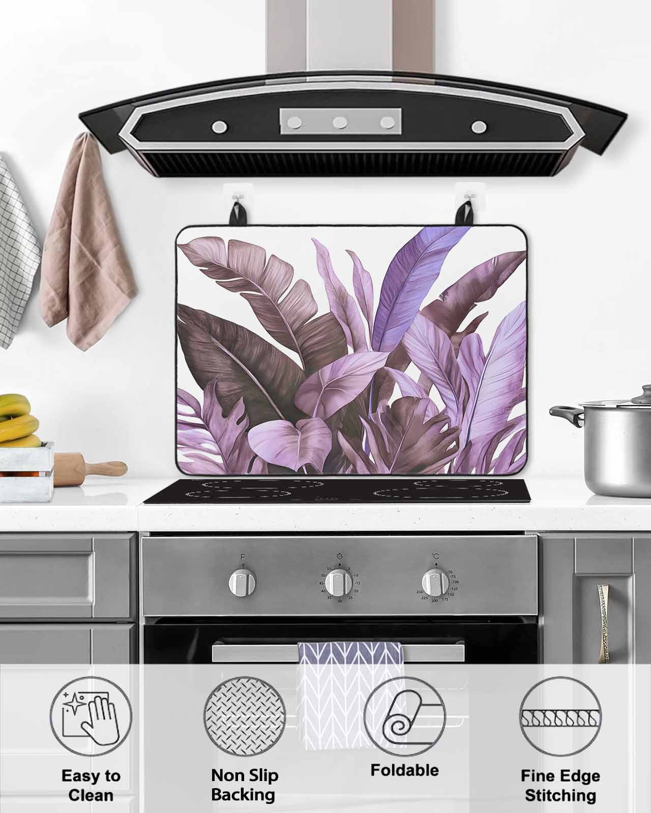 nqOlkjepod Large Induction Cooktop Protector Mat 24"x21", Purple Tropical Leaves Stove Top Covers for Electric Stove, Simple Watercolor Palm Plants Stove Burner Cover Mats, Glass Top Stove Cover
