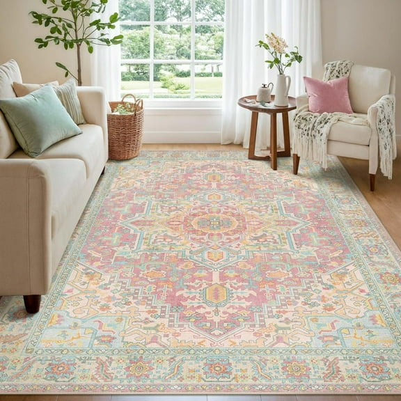 Washable Area Rugs Blossom Pink With Vintage Orient Design Soft Rug For Living Room Or Bedroom Non-Slip Low Pile Stain Resistance Features Distressed Medallion Pattern-1x2ft