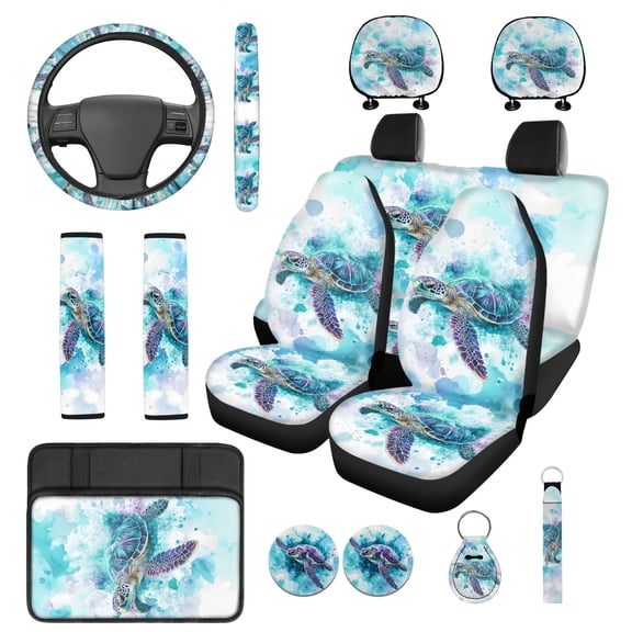 Jeiento Watercolor Sea Turtle 14 PCS Car Seat Covers and Steering Wheel Cover Seatbelt Strap Pad Armrest Cover Pad Headrest Cover Cup Coasters Key Ring Auto Accessory Sets