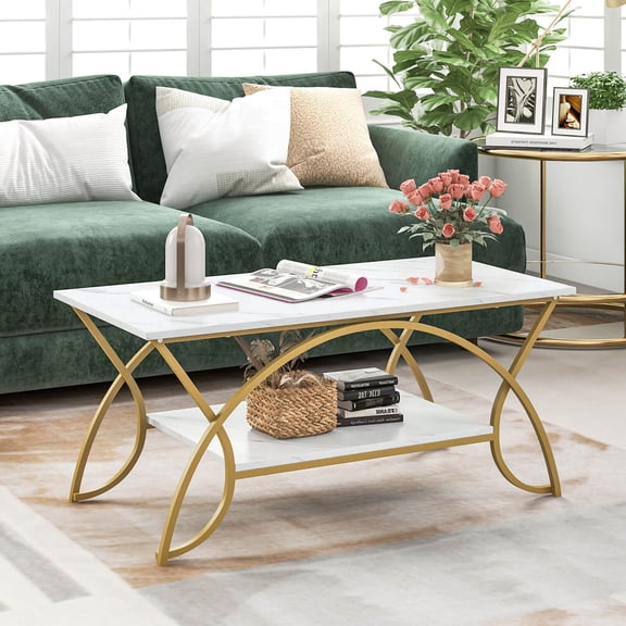 Costway Coffee Table Modern Marble 2-Tier Coffee Table  Gold Rectangle for Living Room