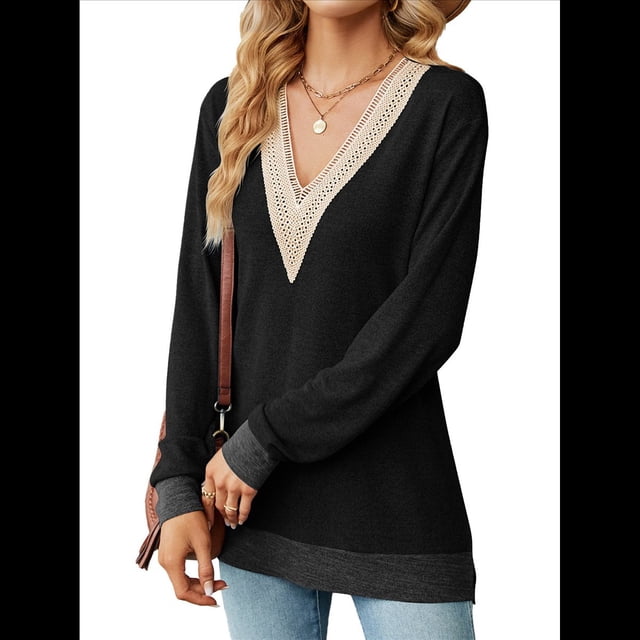 Blusas de Otoño para Mujer, con Escote en V, Encaje, Larga, Holgadas, con Ribete de Bloques de Color, Moda 2025 Negro L