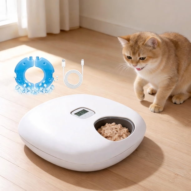 Comedero automático para gatos PetPrime 6-Meal con bolsas de hielo, color blanco