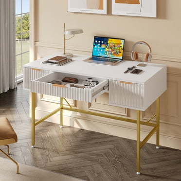 Bestier 47.6" Fluted Vanity Makeup Desk, Big Computer Writing Desk with 3 Drawers, White & Gold