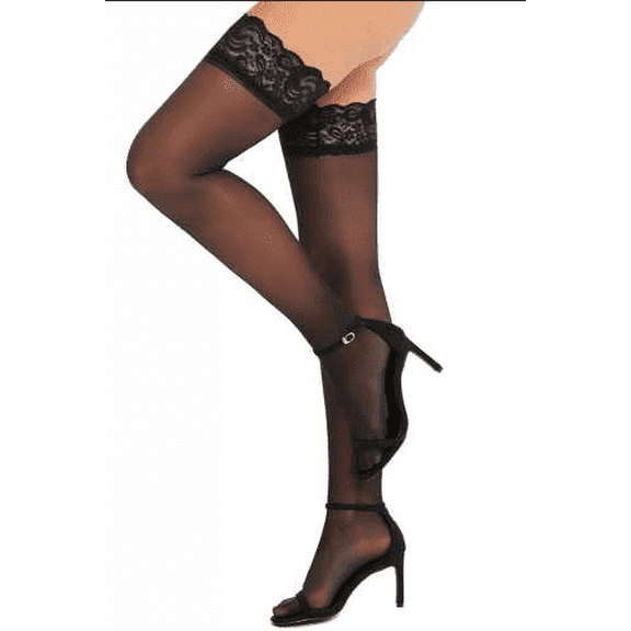 RSLOVE Women lingerie stockings Plus Size Top Lace Thigh High Stockings Sheer knee high stockings Antiskid Silicone Ultra Shimmery Tight, Black