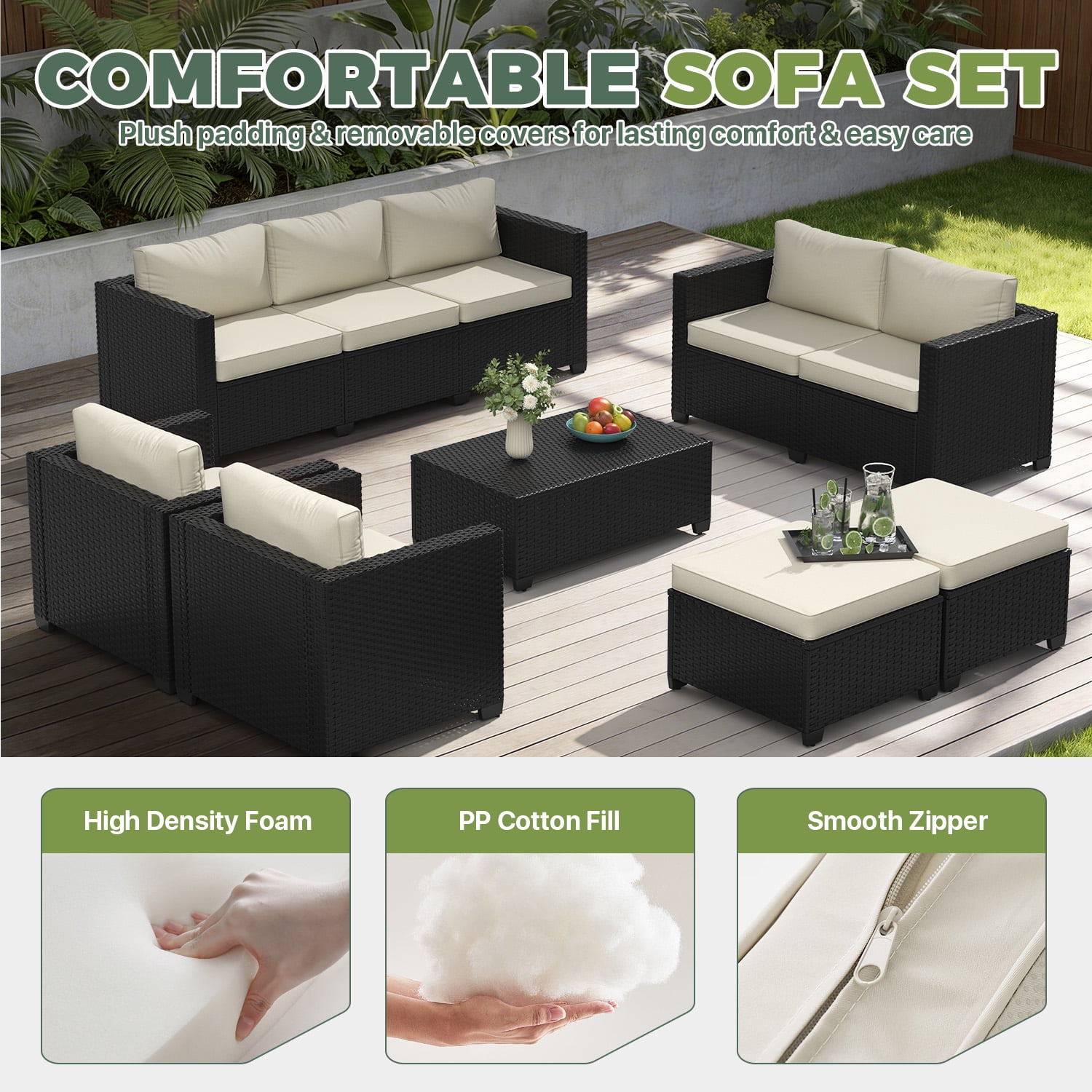 BaPiPro 7-Piece Beige PE Rattan Outdoor Sectional Sofa Set, Patio Furniture with Storage Table, Convertible Ottomans & Weather Resistant Cushions for Backyard & Poolside