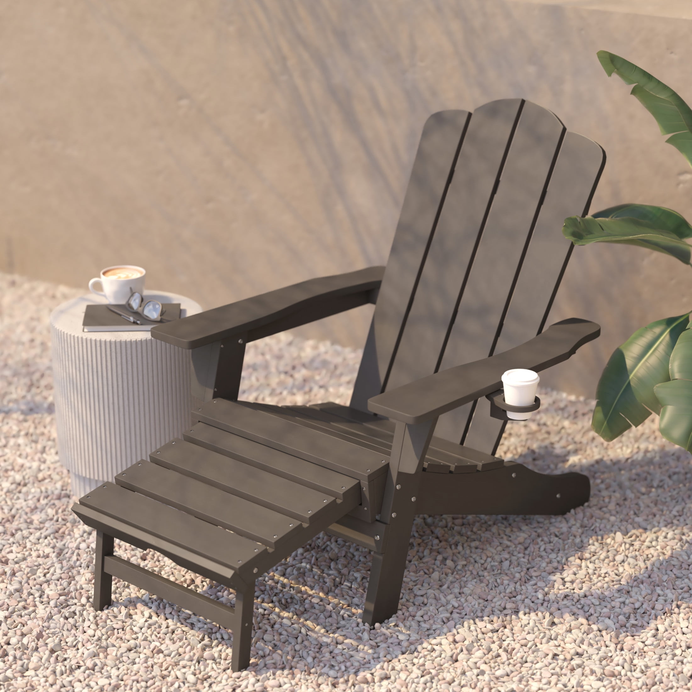 BizChair HDPE Adirondack Chair with Cup Holder and Pull Out Ottoman, All-Weather HDPE Indoor/Outdoor Lounge Chair in Brown, Set of 2