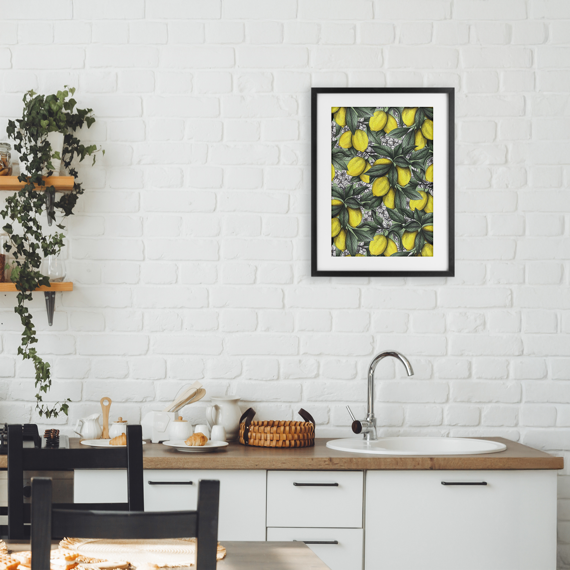 Under The Lemon Tree Black Framed Print Under Glass, design by Cecilia Battaini