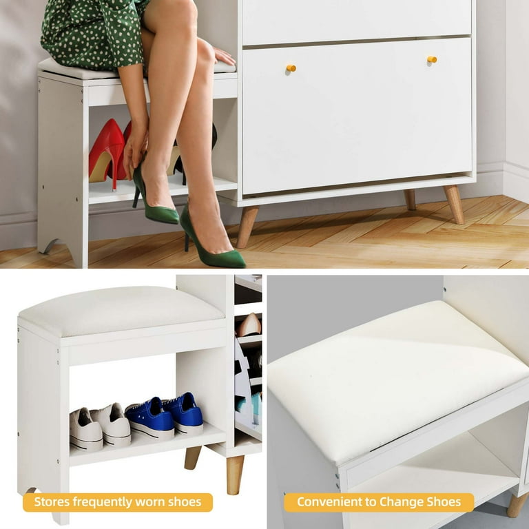 DWVO 3 Flip Drawers Shoe Cabinet Freestanding Shoe Rack Storage Bench White