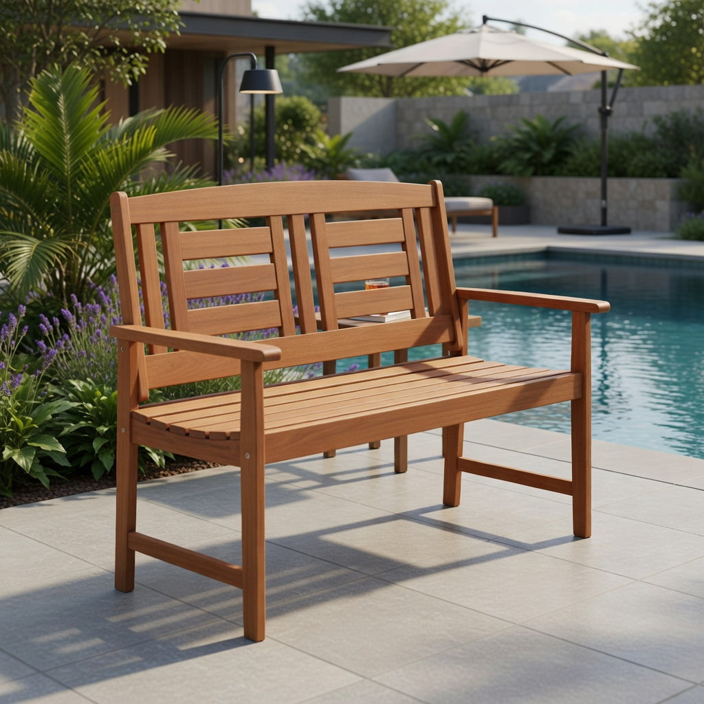 Hommoo Teak Outdoor Solid Wood Loveseat Bench, 2-Seat Patio Bench with Ergonomic 108° Backrest, Slatted Seat & Reinforced Crossbar for Garden, Balcony & Deck, Natural