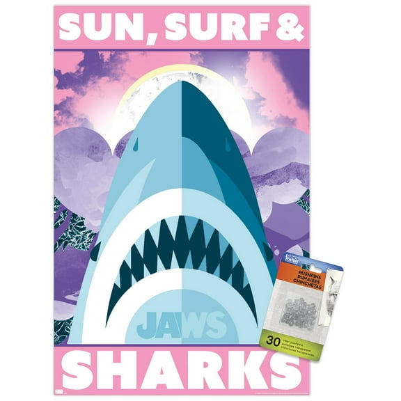Jaws - Sun, Surf & Sharks Wall Poster with Push Pins, 14.725" x 22.375"