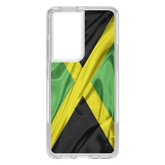 DistinctInk Clear Shockproof Hybrid Case for Galaxy S21 ULTRA 5G (6.8" Screen) - TPU Bumper, Acrylic Back, Tempered Glass Screen Protector - Jamaica Waving Flag Black Green Yellow - Jamaica